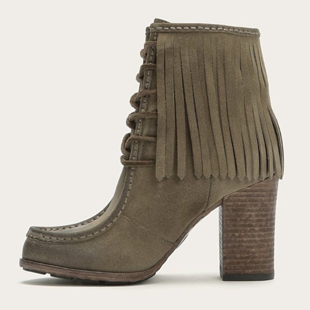 Frye Boho Parker Swingy Fringe Block Heel Ankle Bootie Anthro Womens 7.5 M Taupe